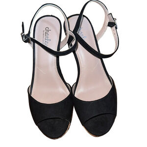 Charles by David Lambert Black Faux Suede Open-Toe Wedge Platforms 7